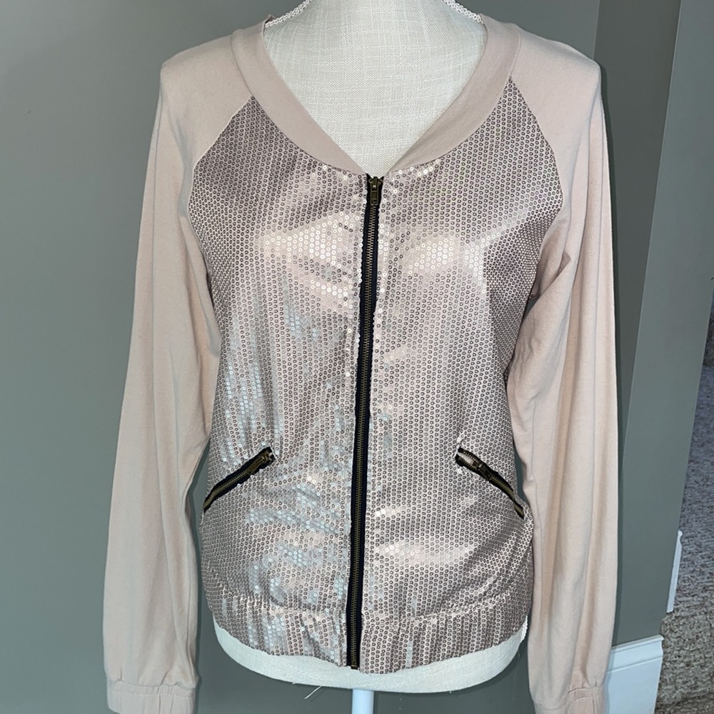 Charlotte Russe - Bomber jacket, stylish tan with sequins, has pockets.